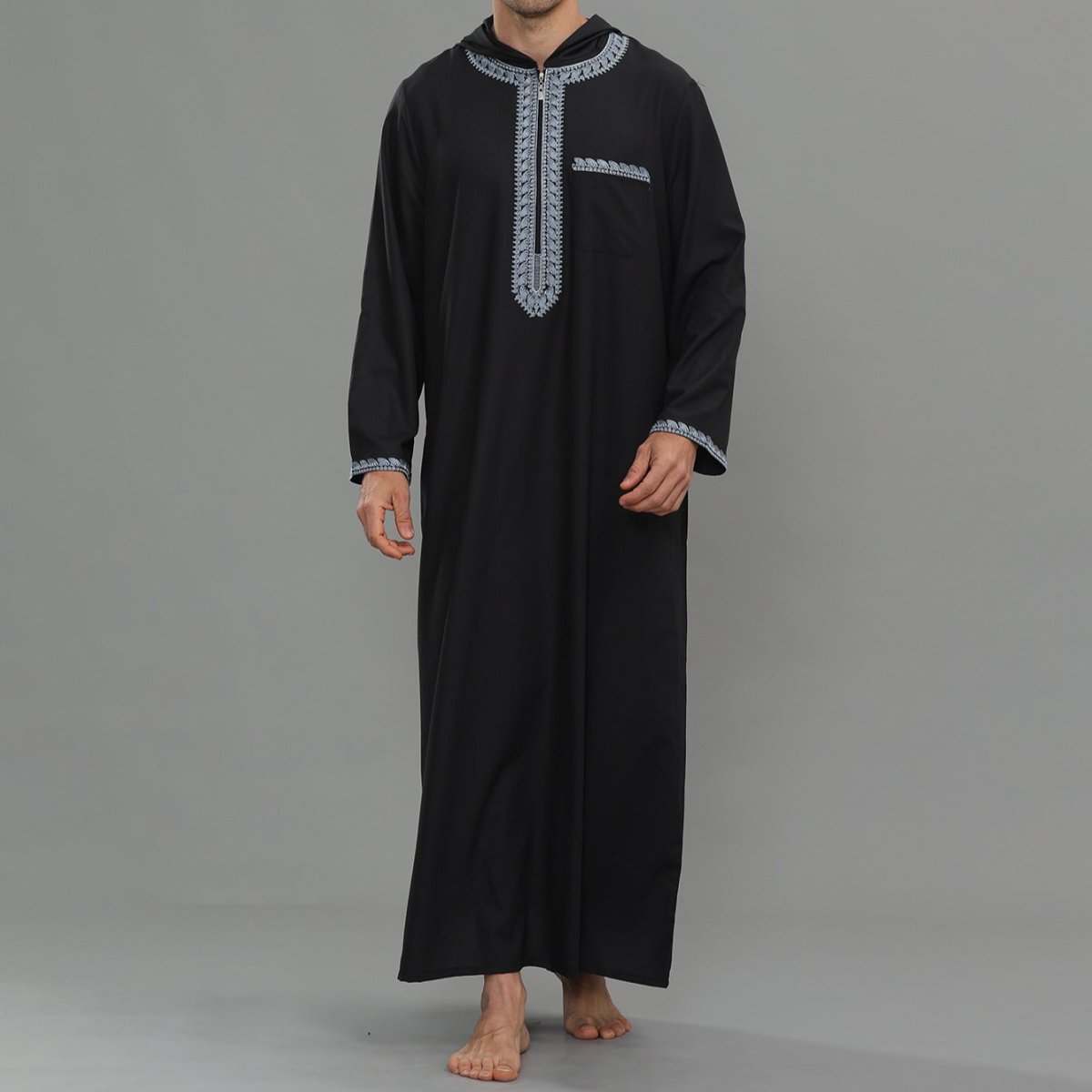 Men's Hooded Embroidered Thobe with Pockets (MT037)