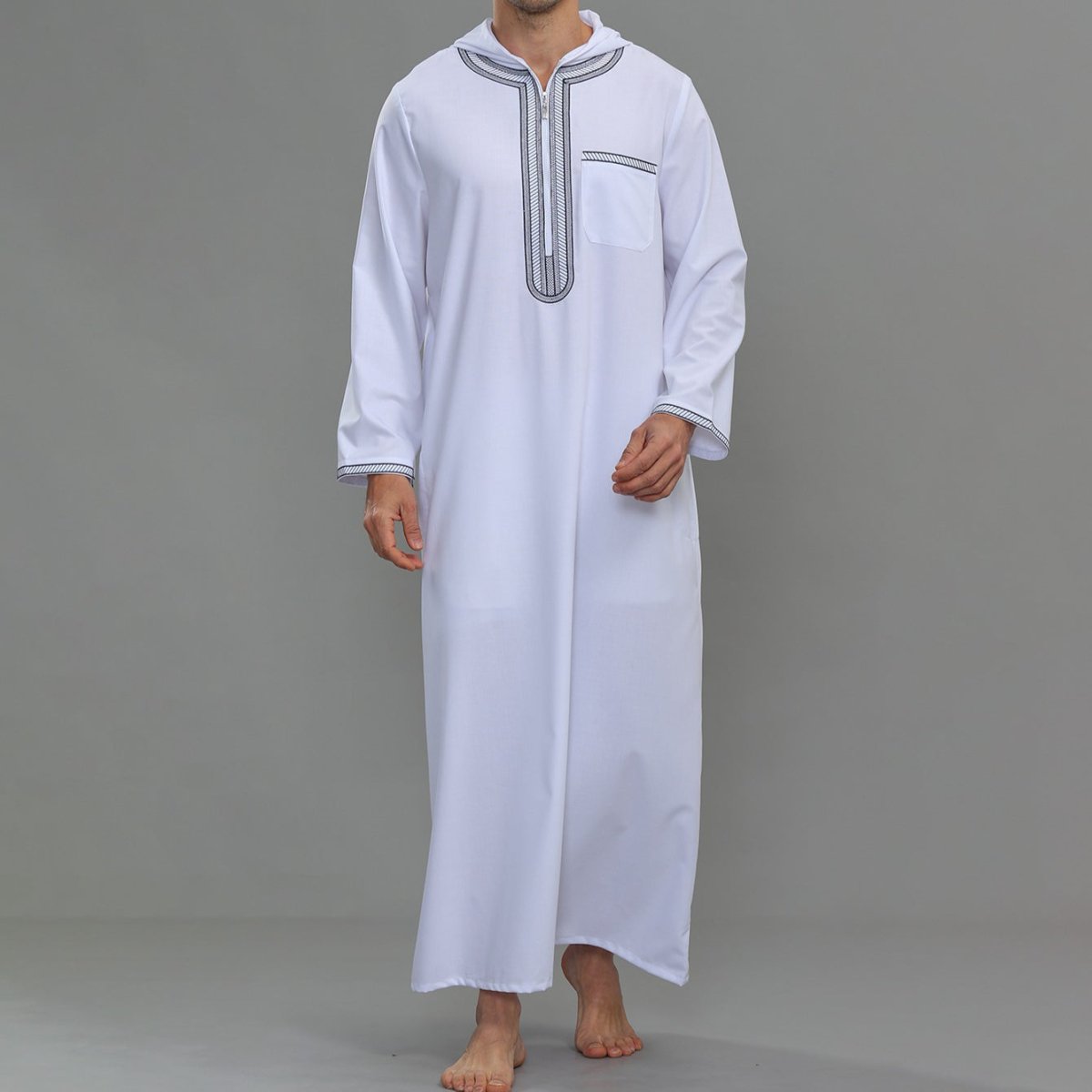 Men's Hooded Embroidered Thobe with Pockets (MT037)