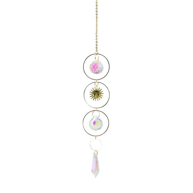 Metallic Hoop Moon Sun Catcher Hanging Crystal Pendant Chandelier Lamps Light Crystals Glass Pendants Light Rainbow Maker Wind Chime Hanging Drop Gift of Good Luck Garden Decor Hanging Ornament For Home Decoration