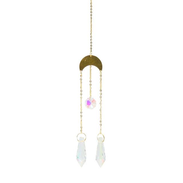 Metallic Hoop Moon Sun Wind Chimes Crystals Sun-catcher Ornament With Chakra Energy K9 Crystal Ball Prisms Hanging Rainbow Chaser Window Curtains Pendant Home Decor Gifts