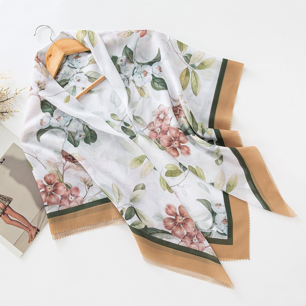 MH072 Square Floral Print Wavy Cut-off Voile Hijab