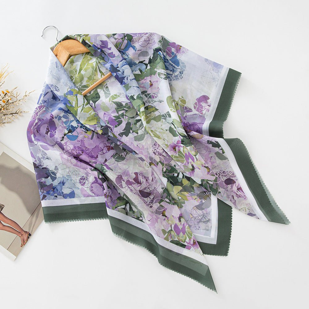 MH072 Square Floral Print Wavy Cut-off Voile Hijab