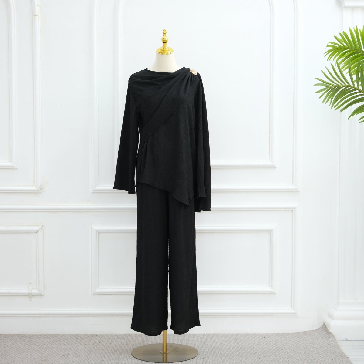 Minimalist Luxury Modest Lounge Two-Piece Set | Asymmetrical Cardigan & Wide-Leg Pants (MS093)