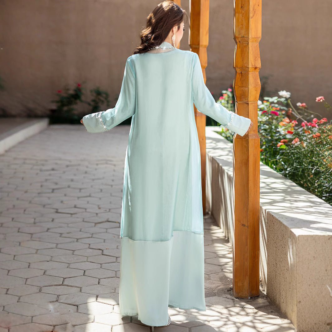 Mint Green Two-Piece Cardigan Dress Diamond-Embellished Cover-Up & Maxi Dress (MOA151)