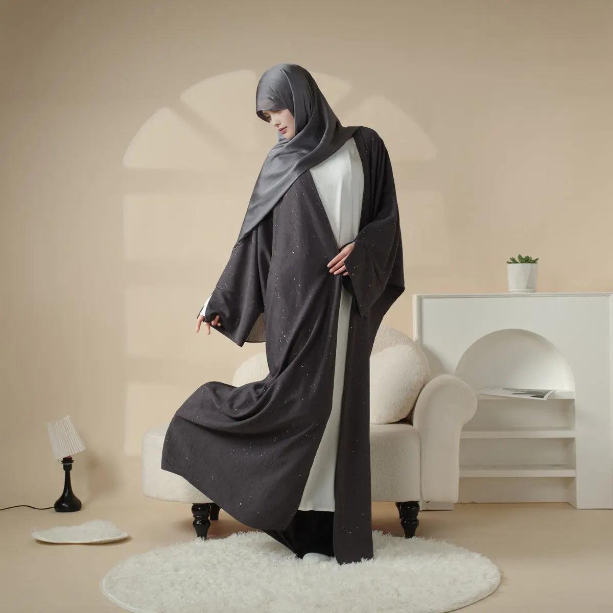 Wide Split Sleeve Glittering Ripple Cloth Open Abaya (MOA027)