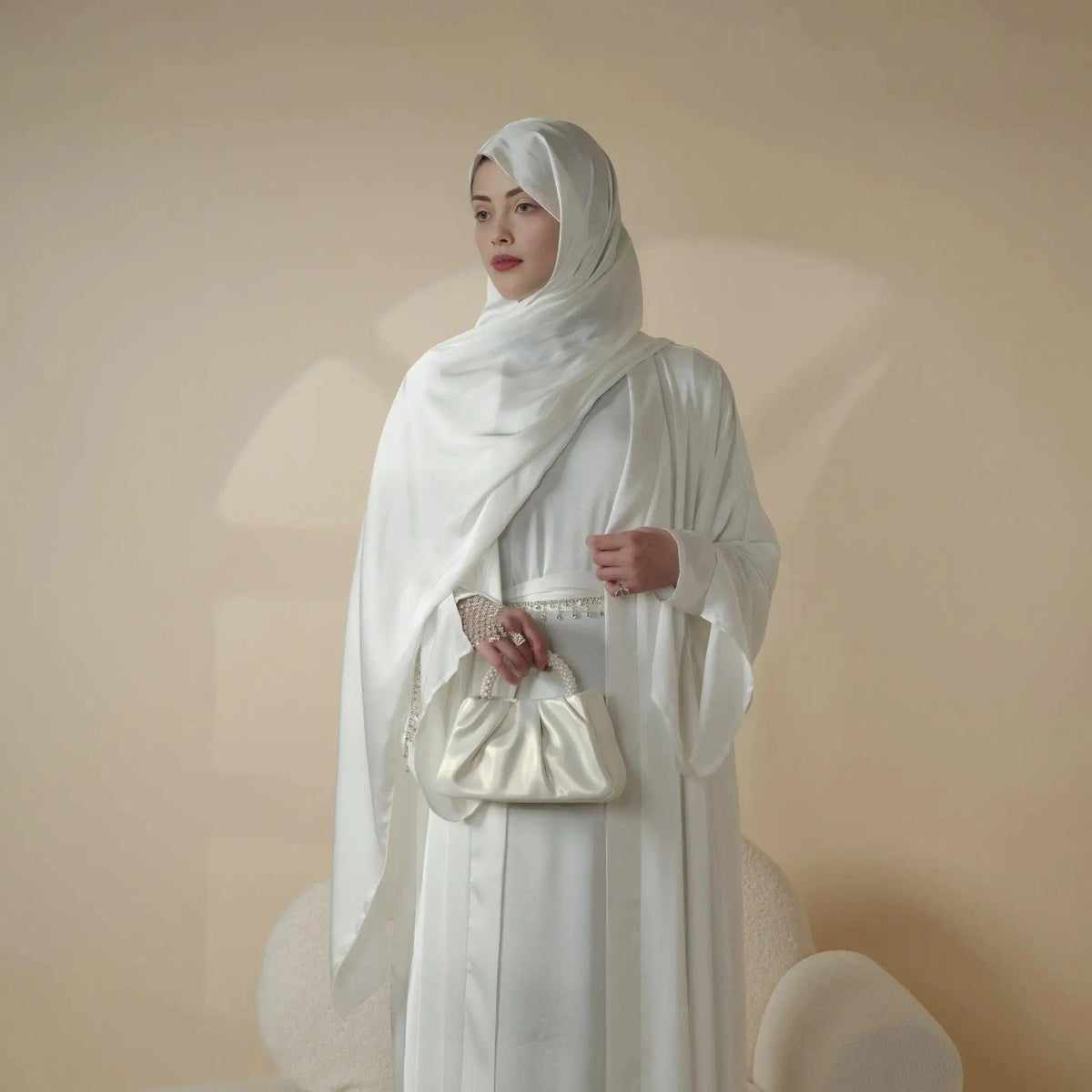 Luxury Satin Abaya With Diamond Tassels Belt,  6-Piece Set (MOA041)