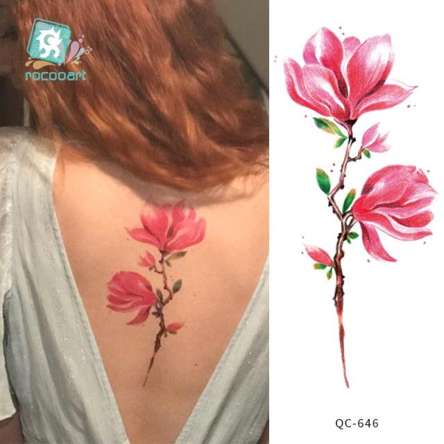 Modern Waterproof Red Flowers Tattoo Multi-Colored Stickers Back Waist Temporary Tattoo Luxury Style