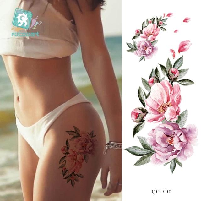 Modern Waterproof Red Flowers Tattoo Multi-Colored Stickers Back Waist Temporary Tattoo Luxury Style
