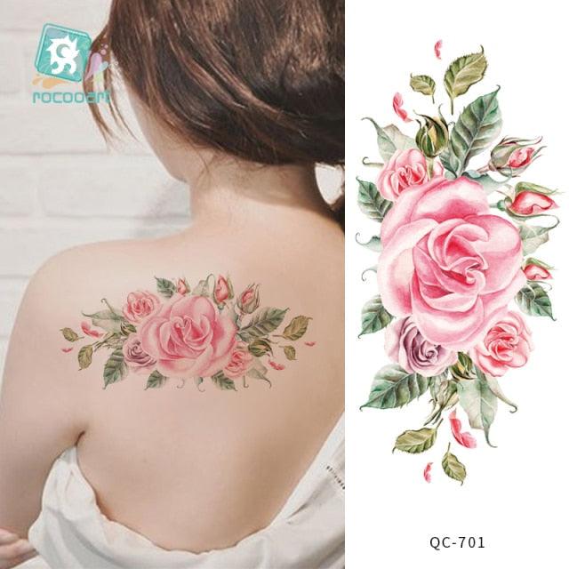 Modern Waterproof Red Flowers Tattoo Multi-Colored Stickers Back Waist Temporary Tattoo Luxury Style