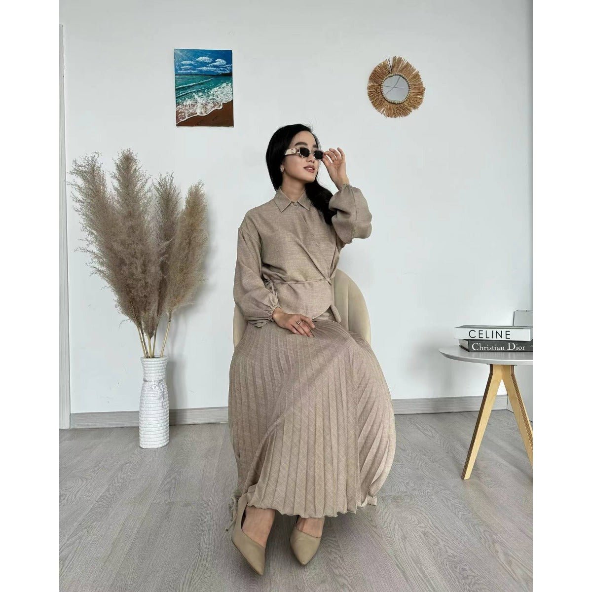 Modest Cross-Wrap Top with Matching Maxi Skirt Pleated Skirt Suit Set (MS092)