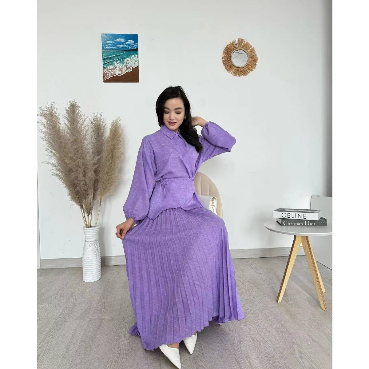 Modest Cross-Wrap Top with Matching Maxi Skirt Pleated Skirt Suit Set (MS092)