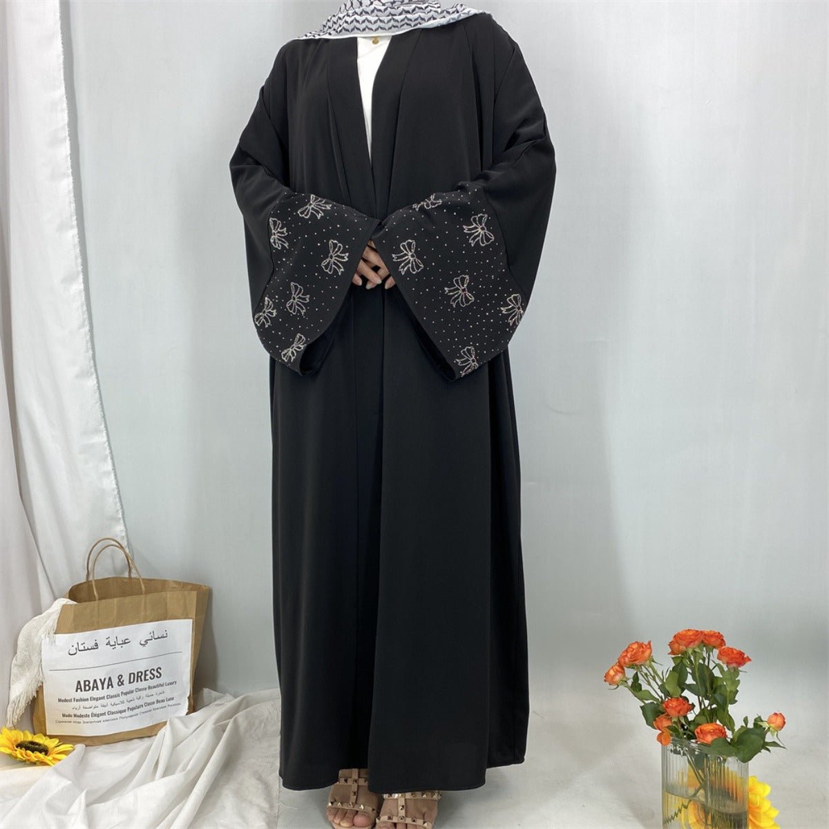 Modest Luxury Exquisite Transfer Diamond Printer Butterfly Sleeve Abaya (MOA206)