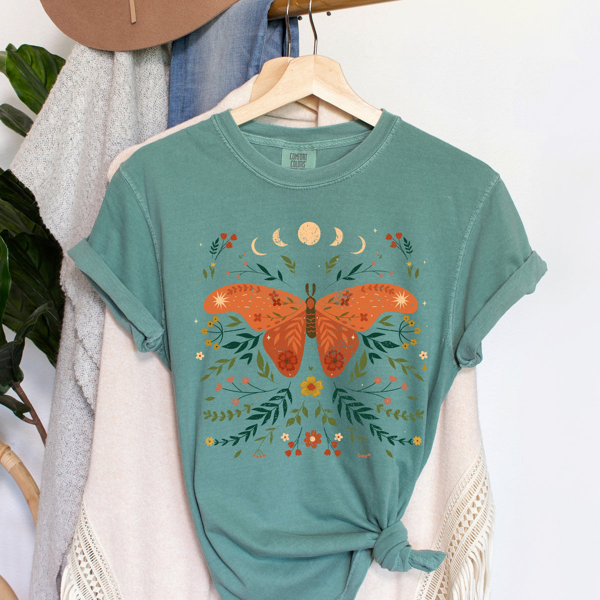 Moth Moon Phases And Ferns Celestial Ethereal Night Sky Botanical Illustration Comfort Colors Tee