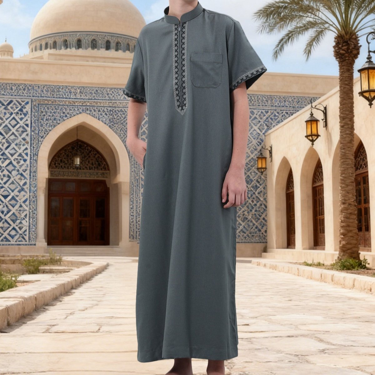 Muslim Boys Embroidered Thobe with Pockets (MKB013)