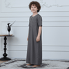 Muslim Boys Short Sleeve Embroidered Thobe with Pockets (MKB015)