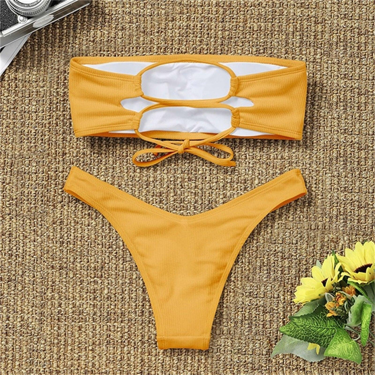 New Bikini High Waist Strapless Bikini Women Swimwear Women Swimsuit Padded Bathing Suit Pure Color Women's Bandeau Bikini Top-High Leg High Waist Bikini Bottom Set
