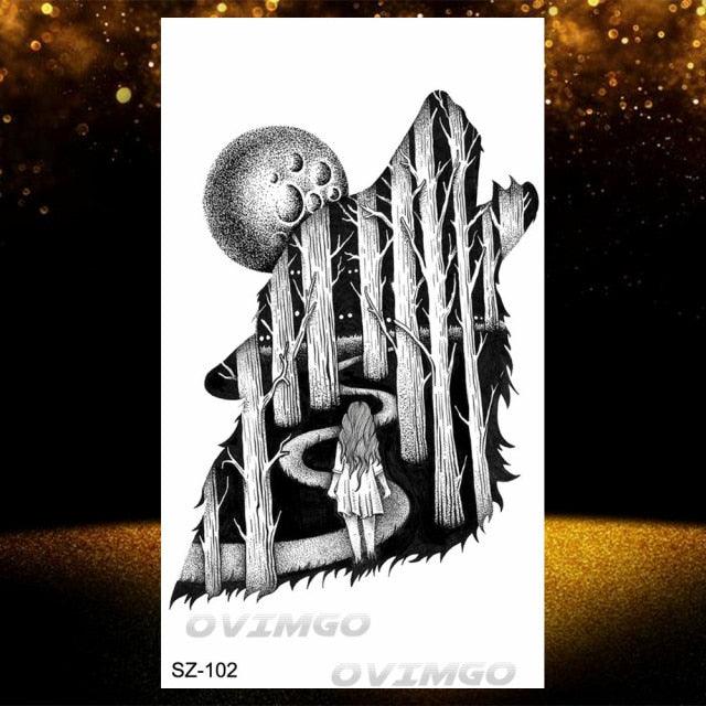 New Black Wolf Forest Sticker Tattoos Temporary Tree Fierce Animal Body Tattoo Luxury Design Custom Tatoos For Mens