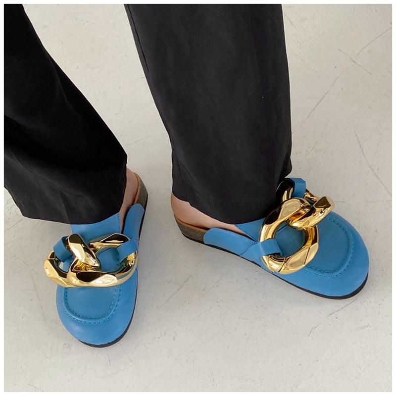 Gold Chain Women Slipper Closed Toe Slip On Mules Shoes Round Toe Low Heels Casual Slides Flat Sandals Slip On Slide Sandals Elegant Heels Slides Slippers