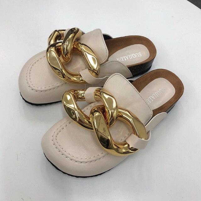 Gold Chain Women Slipper Closed Toe Slip On Mules Shoes Round Toe Low Heels Casual Slides Flat Sandals Slip On Slide Sandals Elegant Heels Slides Slippers