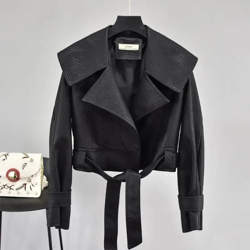 New Elegance Autumn Women's Pu Leather Jackets Short Coat Turndown Collar Belt Lace-up Motorcycle Black Punk Red Overcoat Female Outwear