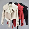 New Elegance Autumn Women's Pu Leather Jackets Short Coat Turndown Collar Belt Lace-up Motorcycle Black Punk Red Overcoat Female Outwear
