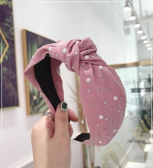 New Fashion Girls Headband Handmade Shining Pearls Rhinestone Ornament Hairband Women Middle Knot Turban Gorgeous Hair Accessories For Women