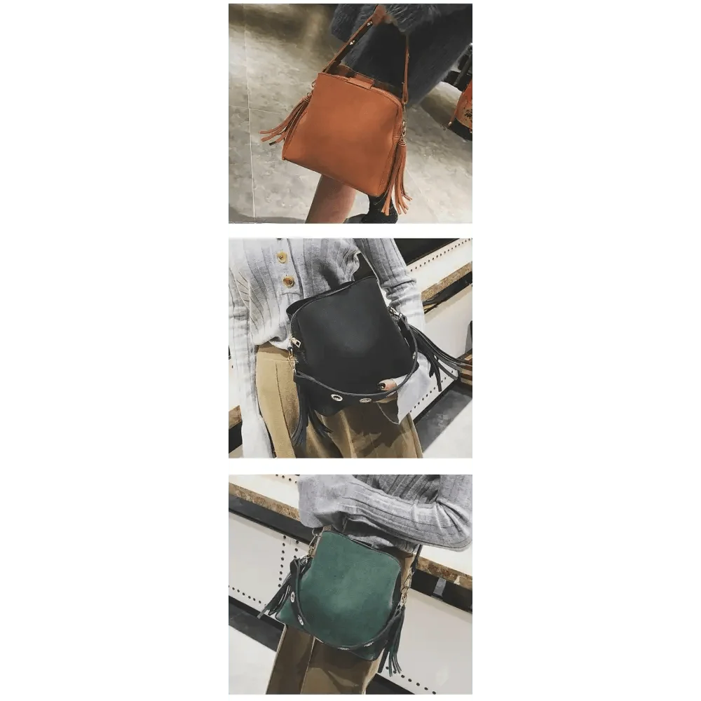 New Fashionable Scrub Women Bucket Bag Vintage Tassel Messenger Bag High Quality Shoulder Bag Simple Crossbody Bag For Females