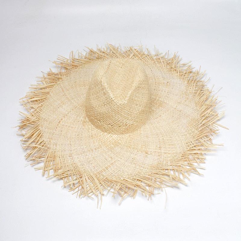 New Handmade Women Straw Sun Hats Large Wide Flat Top Wide Hat Beach Hat Lady Holiday Sun Protection Hat Girls Quality Natural Outdoor Sun Caps For Holiday Vintage Design Hat