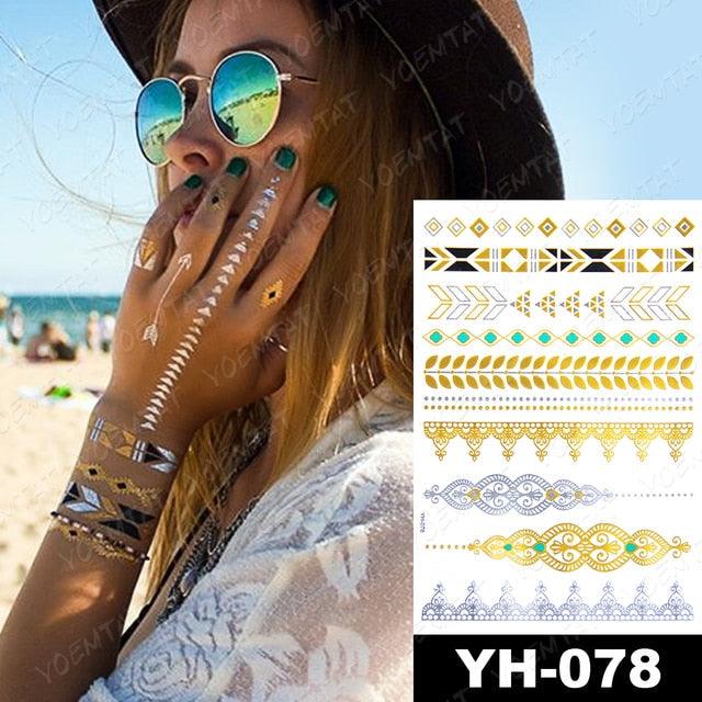 New Waterproof Temporary Tattoo Sticker Golden Silver Flower Jewelry Flash Fashion Different Design Tattoos For Womens