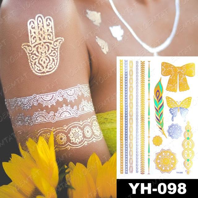 New Waterproof Temporary Tattoo Sticker Golden Silver Flower Jewelry Flash Fashion Different Design Tattoos For Womens