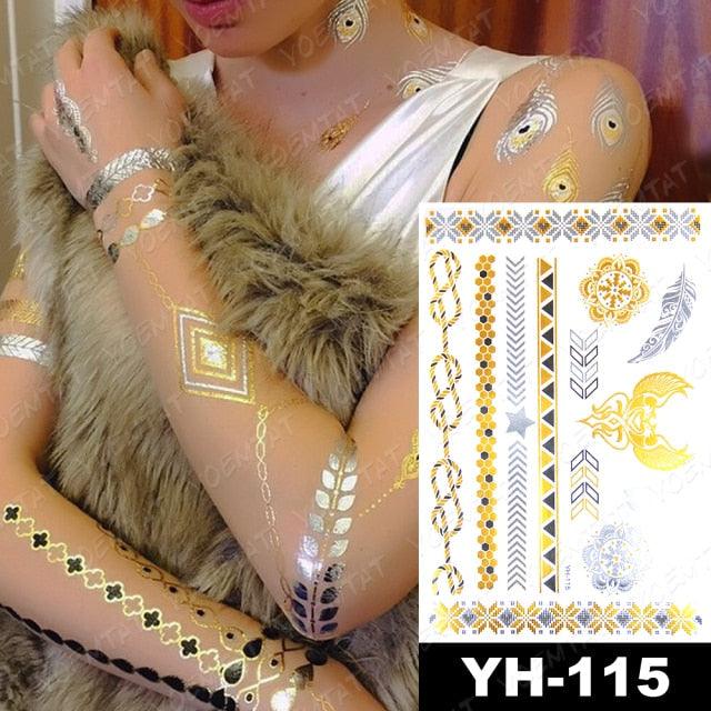 New Waterproof Temporary Tattoo Sticker Golden Silver Flower Jewelry Flash Fashion Different Design Tattoos For Womens