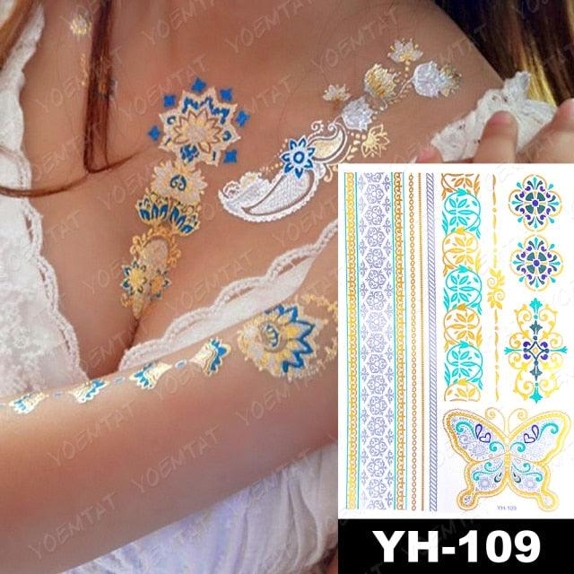 New Waterproof Temporary Tattoo Sticker Golden Silver Flower Jewelry Flash Fashion Different Design Tattoos For Womens