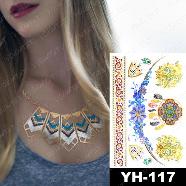 New Waterproof Temporary Tattoo Sticker Golden Silver Flower Jewelry Flash Fashion Different Design Tattoos For Womens