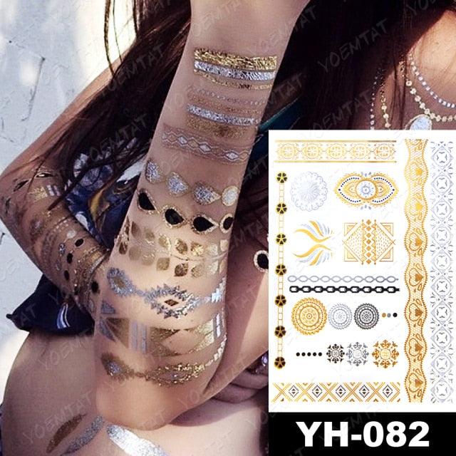 New Waterproof Temporary Tattoo Sticker Golden Silver Flower Jewelry Flash Fashion Different Design Tattoos For Womens