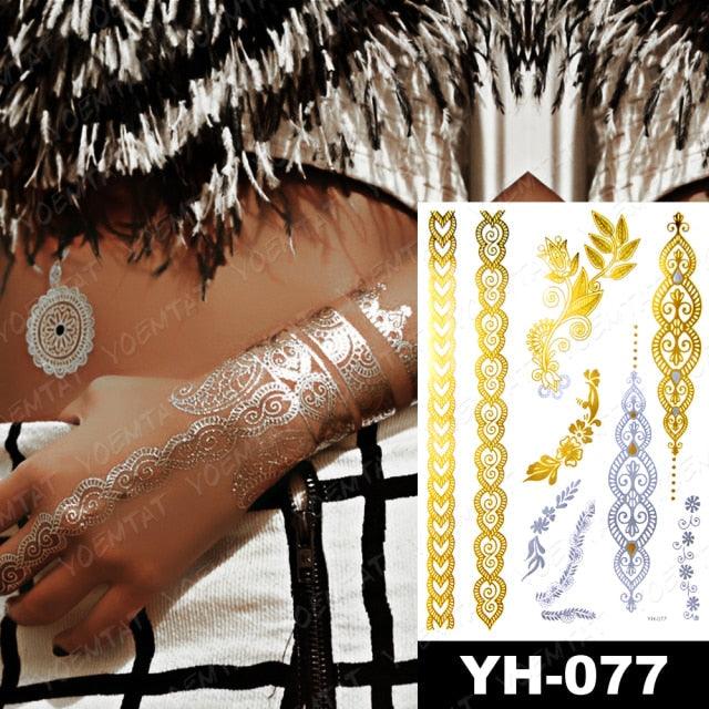 New Waterproof Temporary Tattoo Sticker Golden Silver Flower Jewelry Flash Fashion Different Design Tattoos For Womens
