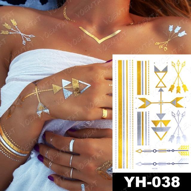 New Waterproof Temporary Tattoo Sticker Golden Silver Flower Jewelry Flash Fashion Different Design Tattoos For Womens