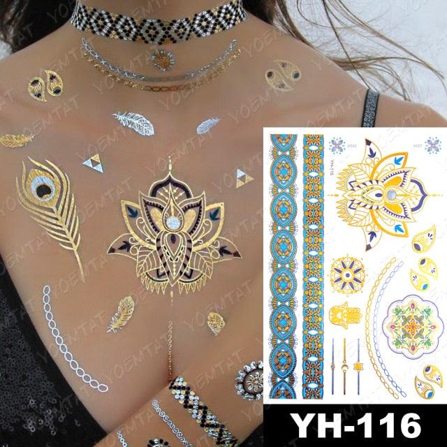 New Waterproof Temporary Tattoo Sticker Golden Silver Flower Jewelry Flash Fashion Different Design Tattoos For Womens