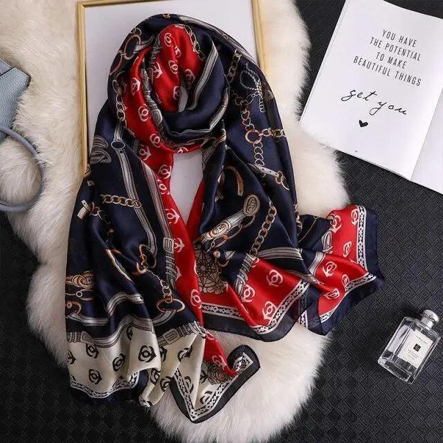 New Women Autumn Winter Fashion Silk Scarf Shawl Beach Headband Female Casual Wear Beach Friendly Spring Silk Scarf Flower Print Silk Scarves Shawls and Wraps Long Size Beach Stoles