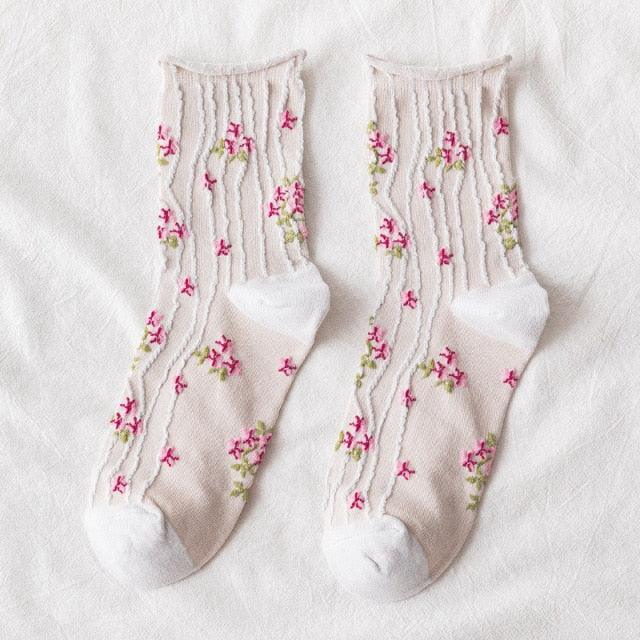 News Fashion Floral Print Women's Socks Harajuku Vintage Streetwear Crew Socks Kawaii Cute Cotton Long Sock Winter Warm Socks For Men And Women