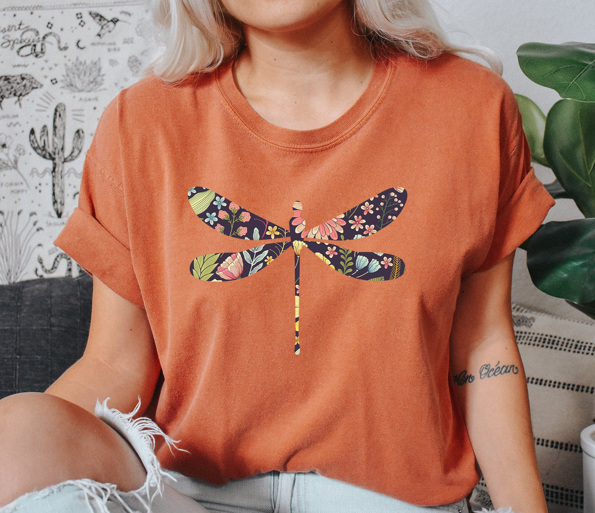 Floral Print Dragonfly NV Floral Garden Design Calming Nature Inspired Comfort Colors Tee