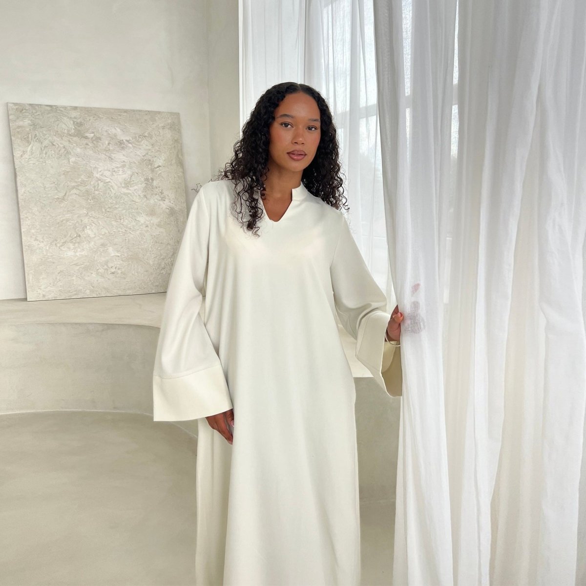 Oversized V-Neck Abaya with Pockets | Solid Color Maxi Dress with Wide Cuffs(MA331)