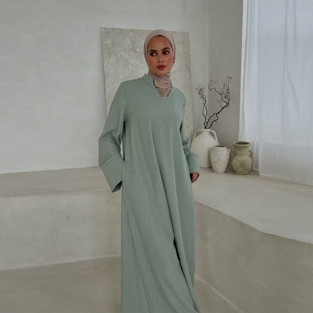 Oversized V-Neck Abaya with Pockets | Solid Color Maxi Dress with Wide Cuffs(MA331)