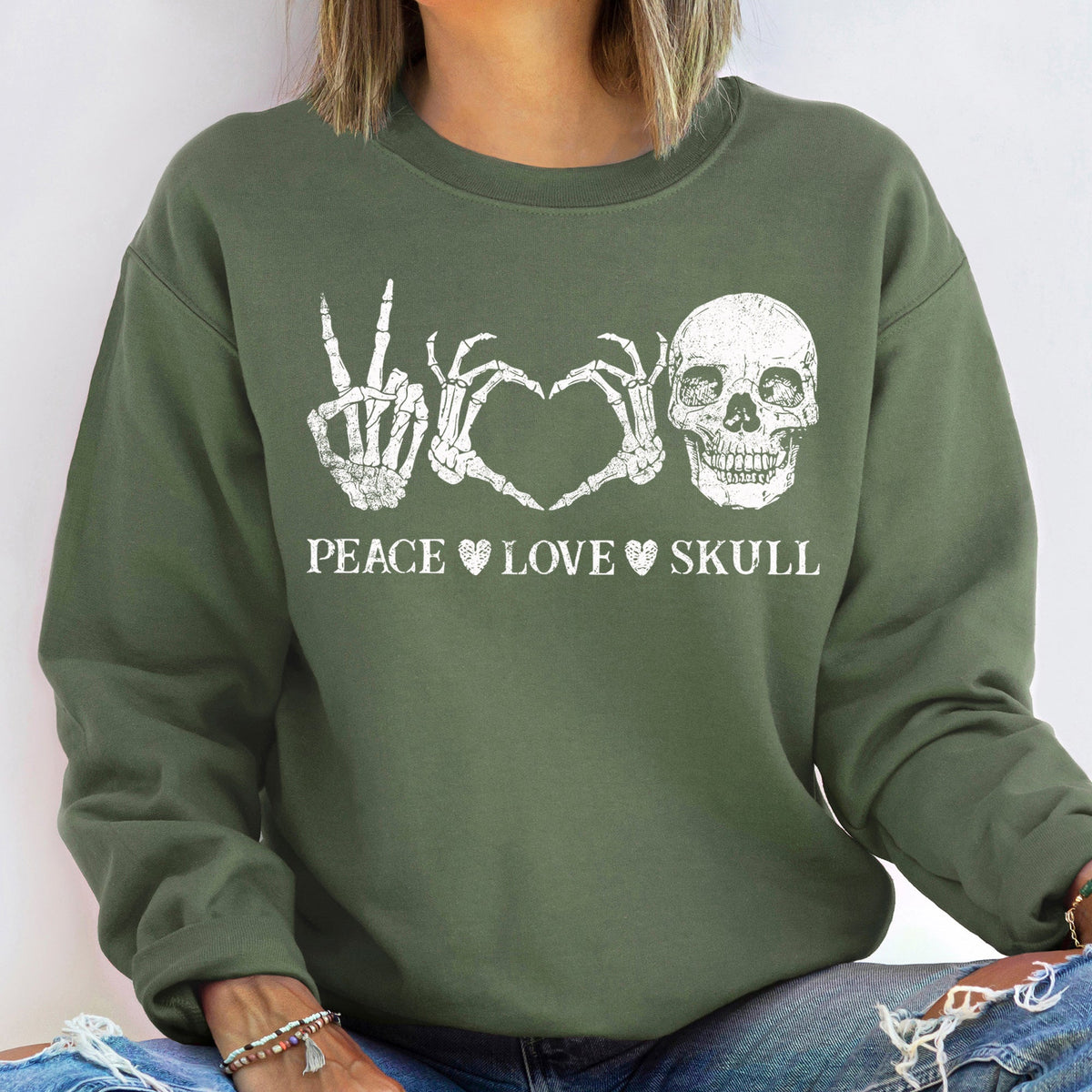 Peace Love Skull Halloween Graphic Illustration And Comfort Fit Design Sweatshirt