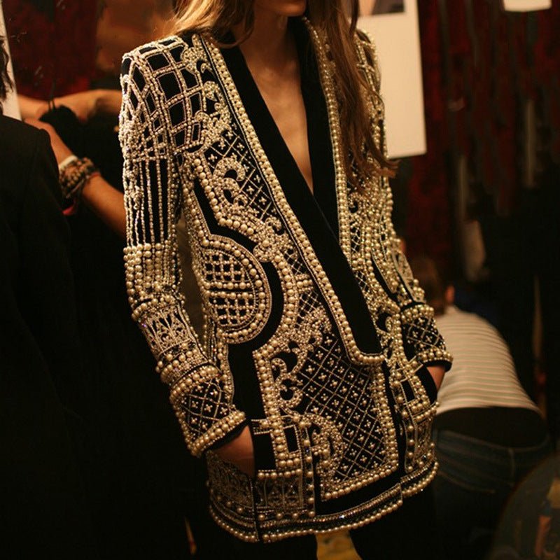 Pearl & Bead Embellished Vintage Blazer | Geometric Print Luxury Jacket(MS218)
