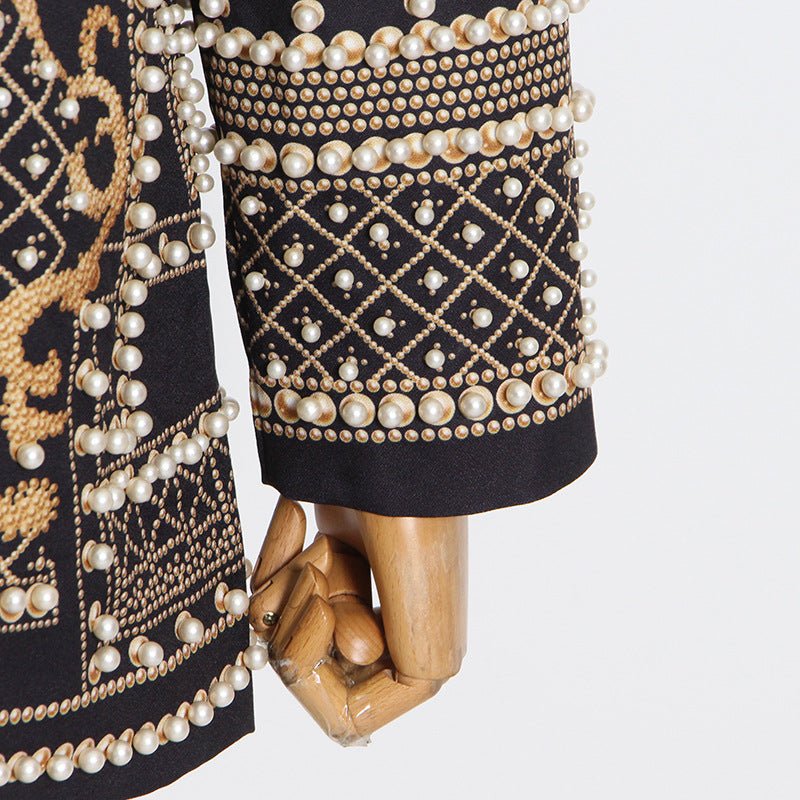 Pearl & Bead Embellished Vintage Blazer | Geometric Print Luxury Jacket(MS218)