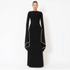Pearl-Trimmed Cape Sleeve Evening Gown | Fitted Black Maxi Dress(MA355)
