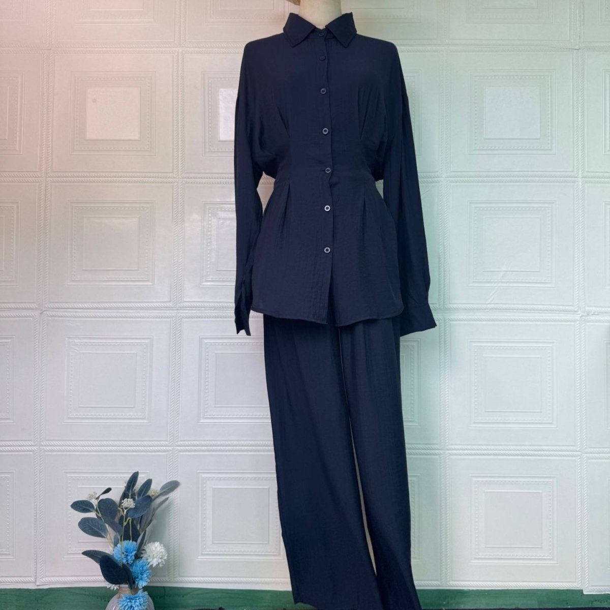 Peplum Shirt & Wide-Leg Trousers Co-ord Set(MS481)