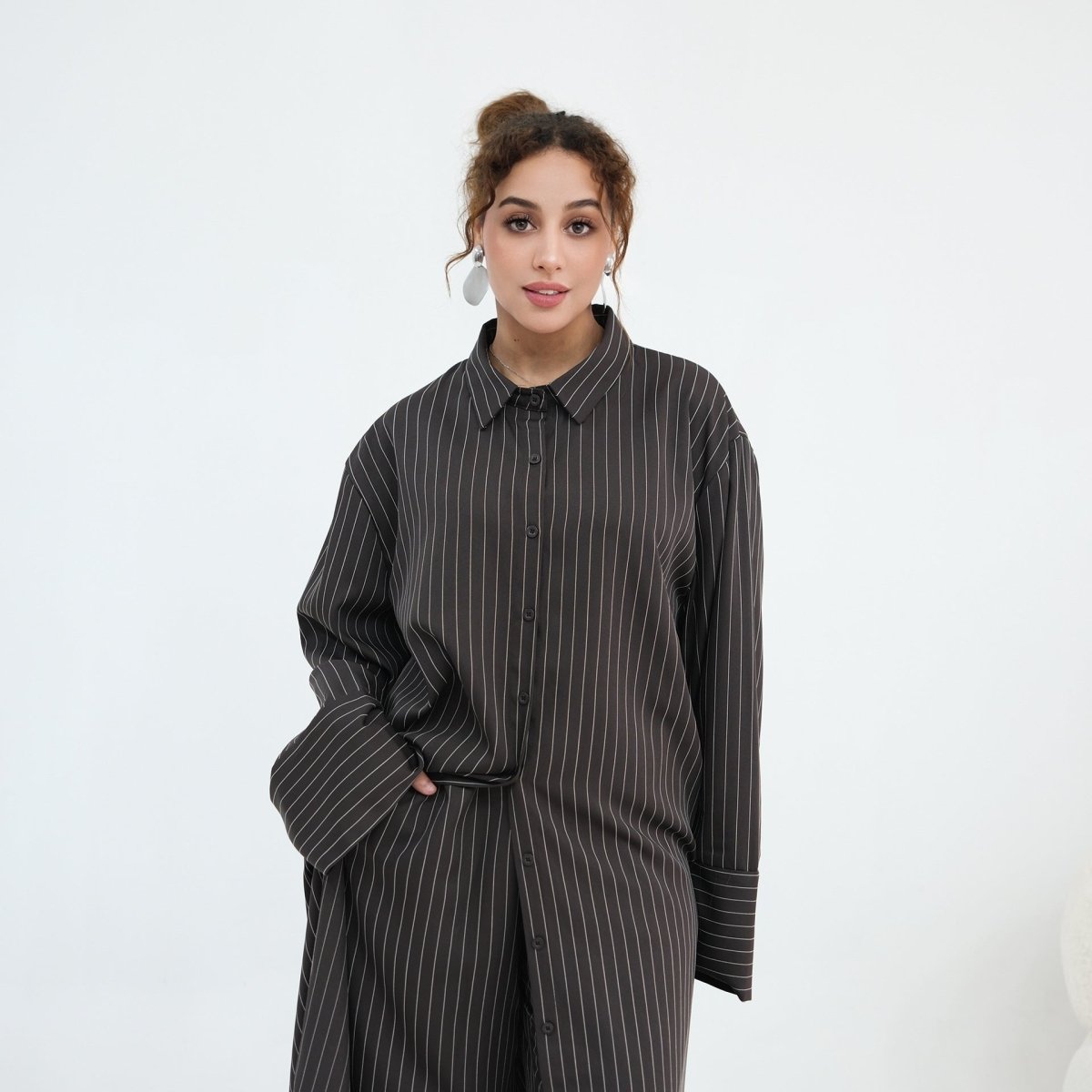 Pinstripe Oversized Shirt & Wide-Leg Trouser Set(MS452)