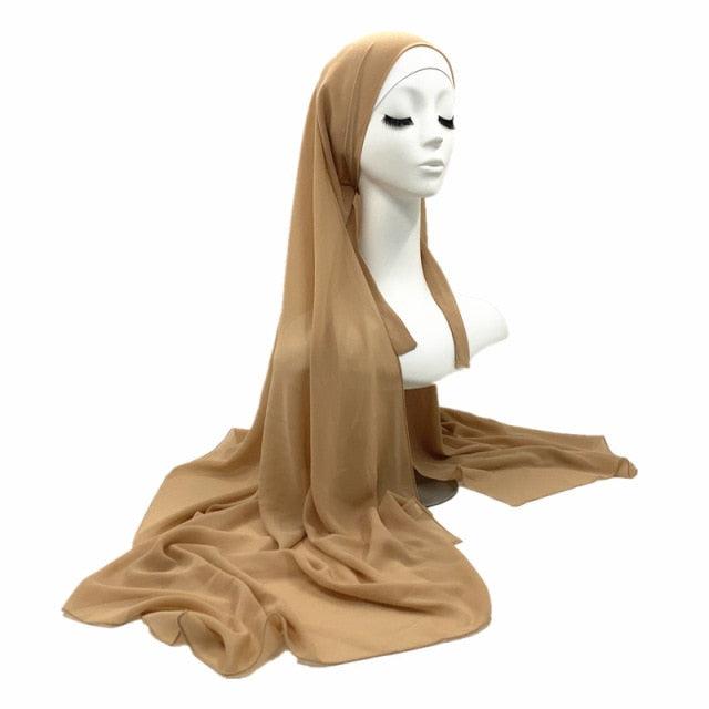 Plain Colorful Soft Lightweight Chiffon Elegant Hijab Scarf With Bandage Non-Slip Chiffon Echarpe Elegant Breathable Islam Long Hijabs Headband Fashion Turban Headwrap For Women