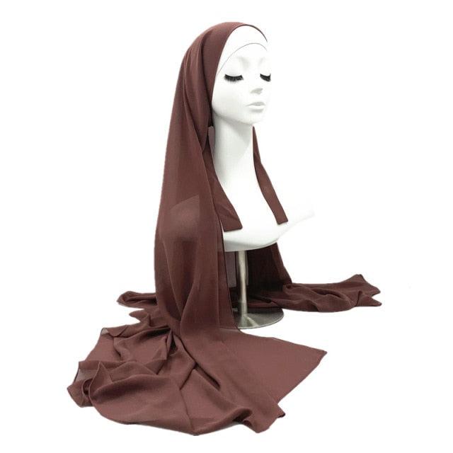 Plain Colorful Soft Lightweight Chiffon Elegant Hijab Scarf With Bandage Non-Slip Chiffon Echarpe Elegant Breathable Islam Long Hijabs Headband Fashion Turban Headwrap For Women